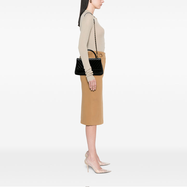 Small Chevron Aged Calfskin Coco Top Handle Bag Black - Gaby Paris