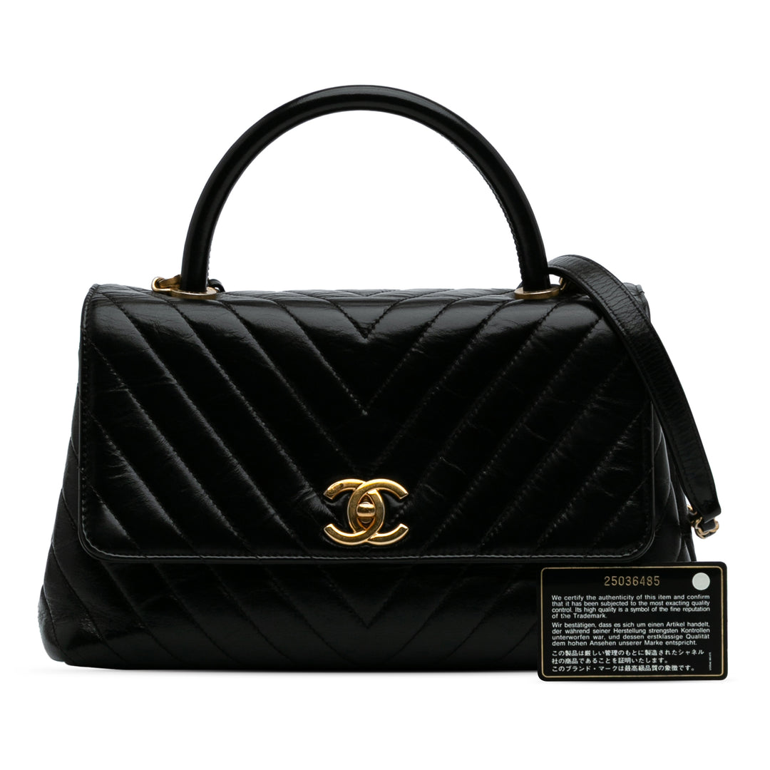 Small Chevron Aged Calfskin Coco Top Handle Bag Black - Gaby Paris