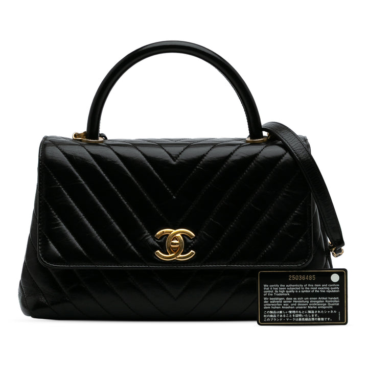 Small Chevron Aged Calfskin Coco Top Handle Bag Black - Gaby Paris