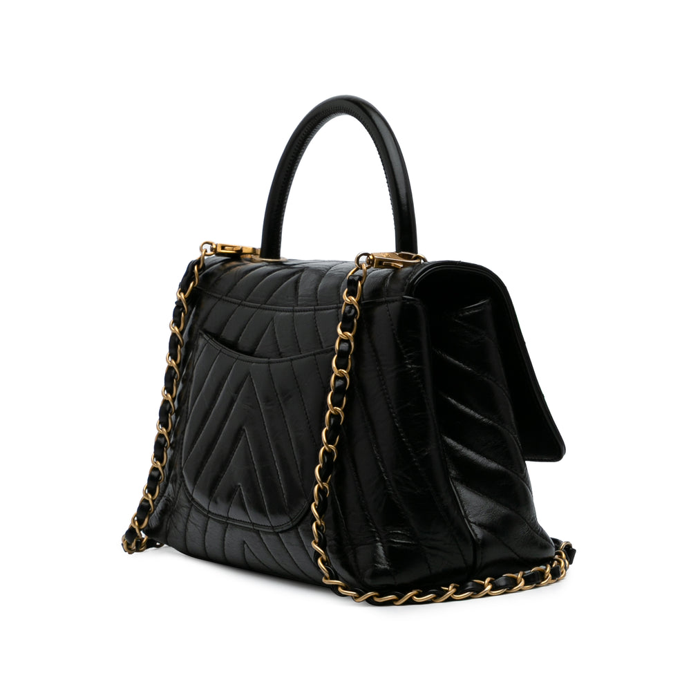 Small Chevron Aged Calfskin Coco Top Handle Bag Black - Gaby Paris