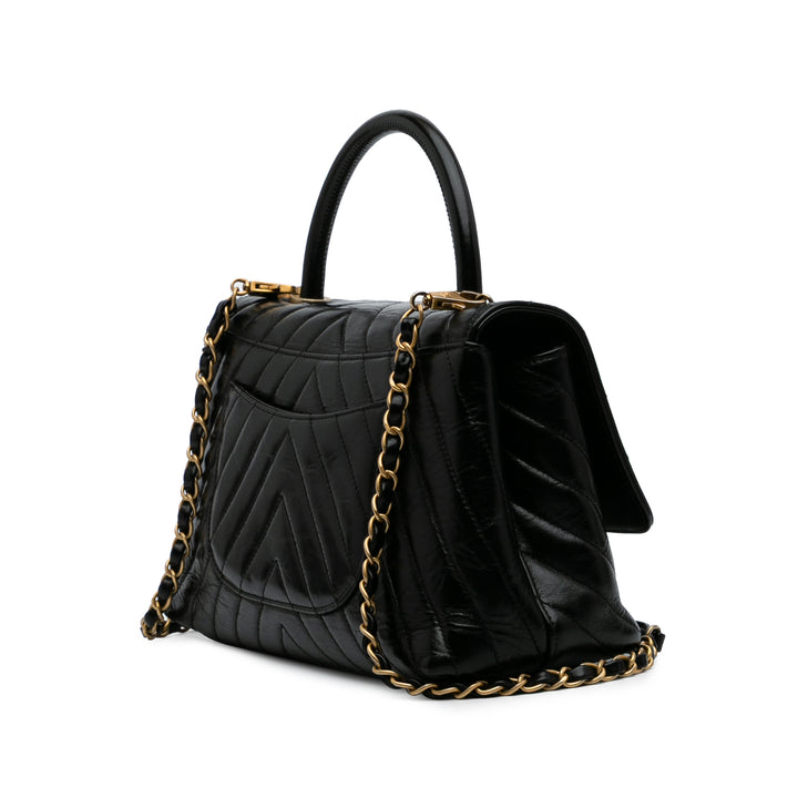 Small Chevron Aged Calfskin Coco Top Handle Bag Black - Gaby Paris
