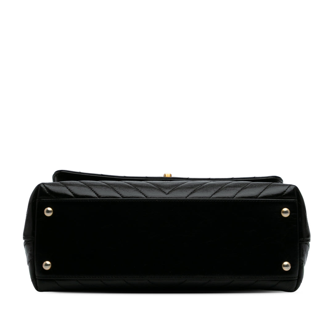 Small Chevron Aged Calfskin Coco Top Handle Bag Black - Gaby Paris
