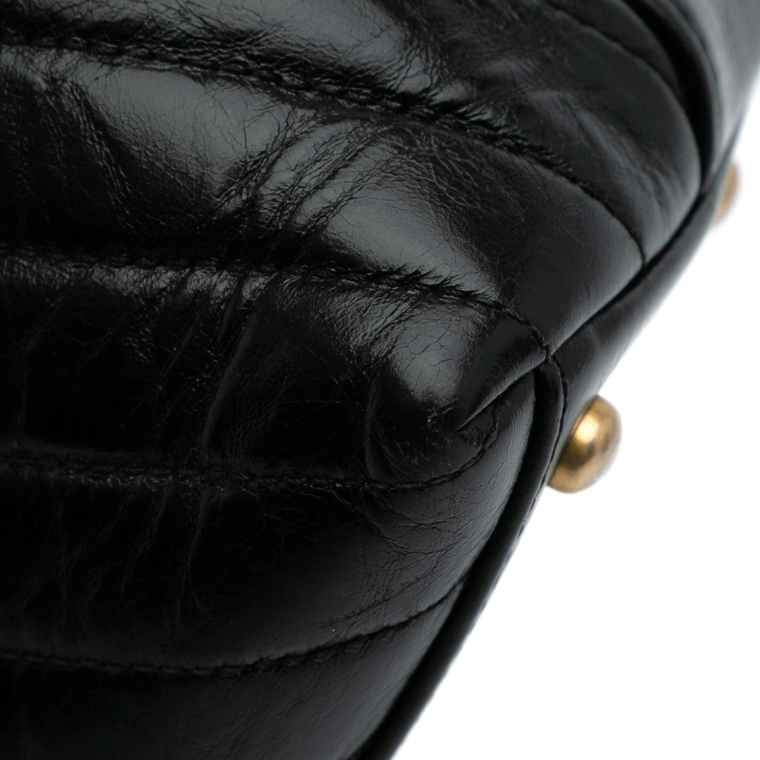 Small Chevron Aged Calfskin Coco Top Handle Bag Black - Gaby Paris