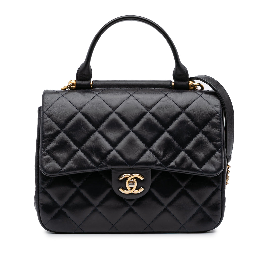 Medium Quilted Glazed Calfskin Gold Bar Top Handle Flap Blue - Gaby Paris
