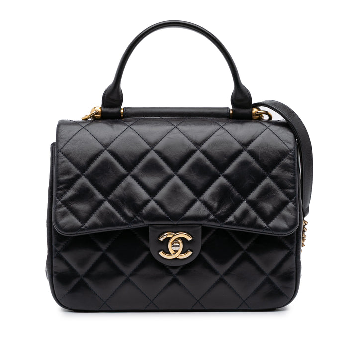 Medium Quilted Glazed Calfskin Gold Bar Top Handle Flap Blue - Gaby Paris