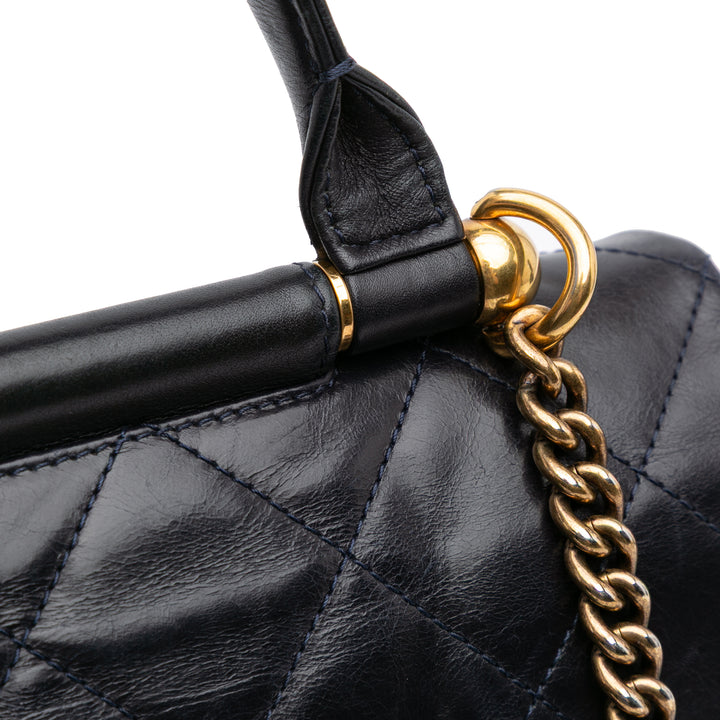 Medium Quilted Glazed Calfskin Gold Bar Top Handle Flap Blue - Gaby Paris