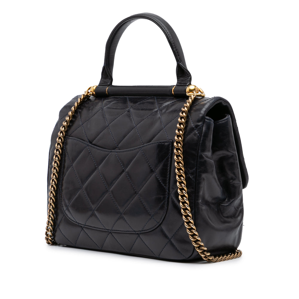 Medium Quilted Glazed Calfskin Gold Bar Top Handle Flap Blue - Gaby Paris