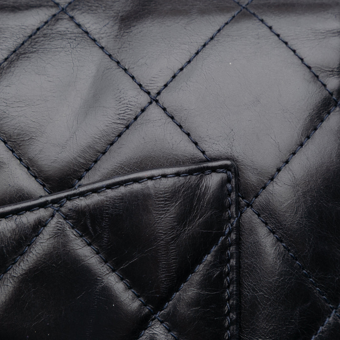 Medium Quilted Glazed Calfskin Gold Bar Top Handle Flap Blue - Gaby Paris