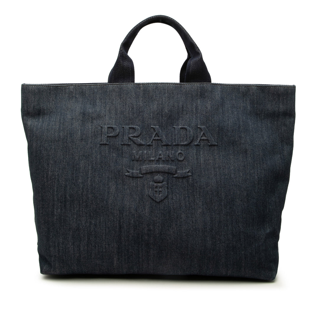 Prada Cabas Debossed Logo Drill Jean Bleu – vue principale – GABY PARIS