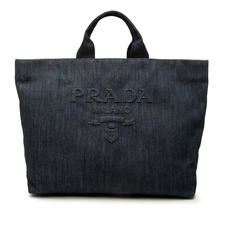 Prada Cabas Debossed Logo Drill Jean Bleu – vue principale – GABY PARIS
