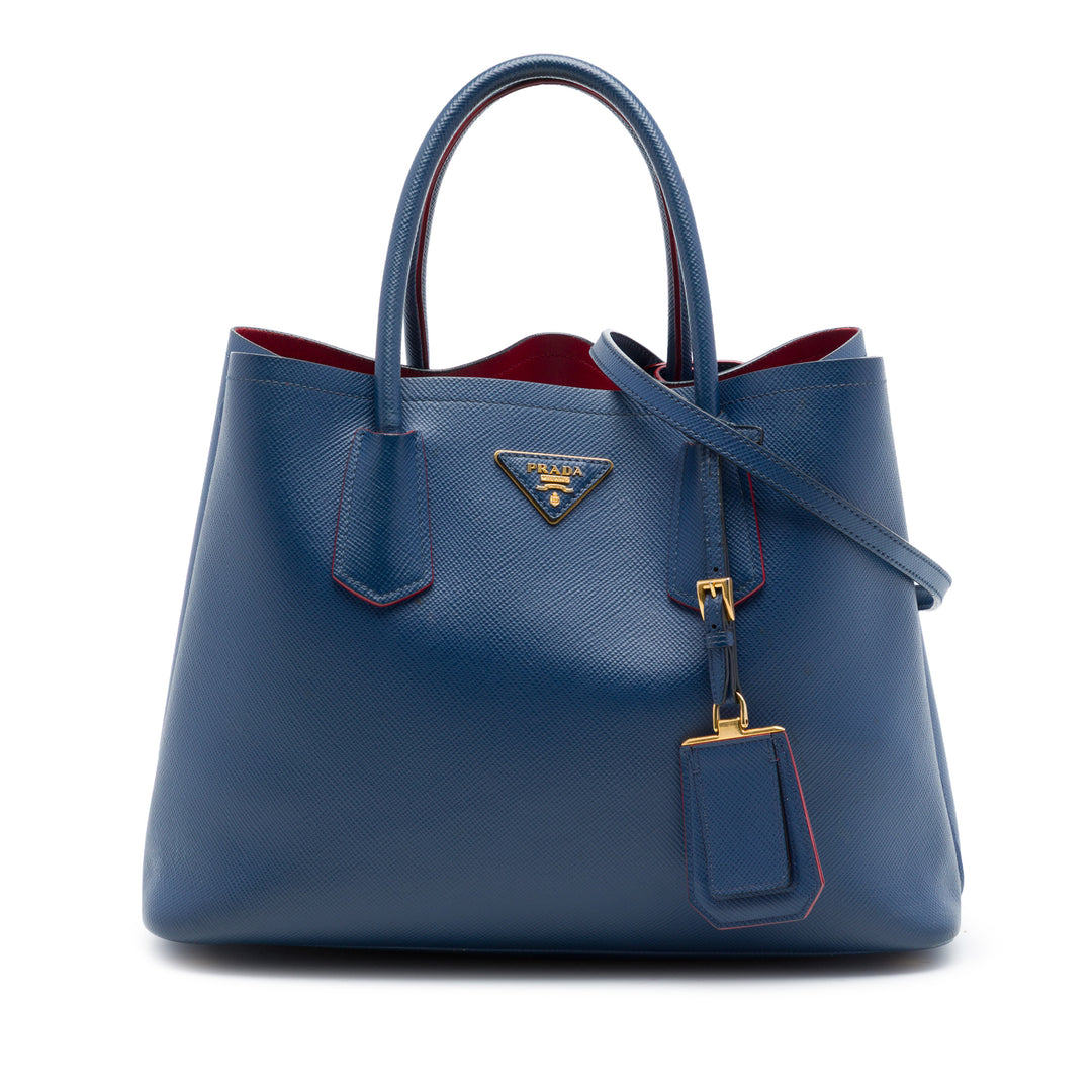 Prada Sac à main Double Poignée Saffiano Moyen Bleu – vue principale – GABY PARIS