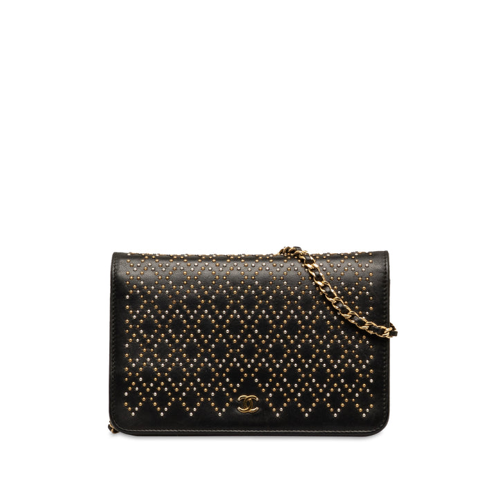 Studded Lambskin Wallet on Chain Black - Gaby Paris