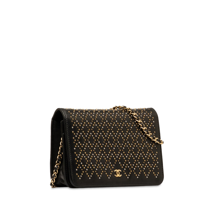 Studded Lambskin Wallet on Chain Black - Gaby Paris