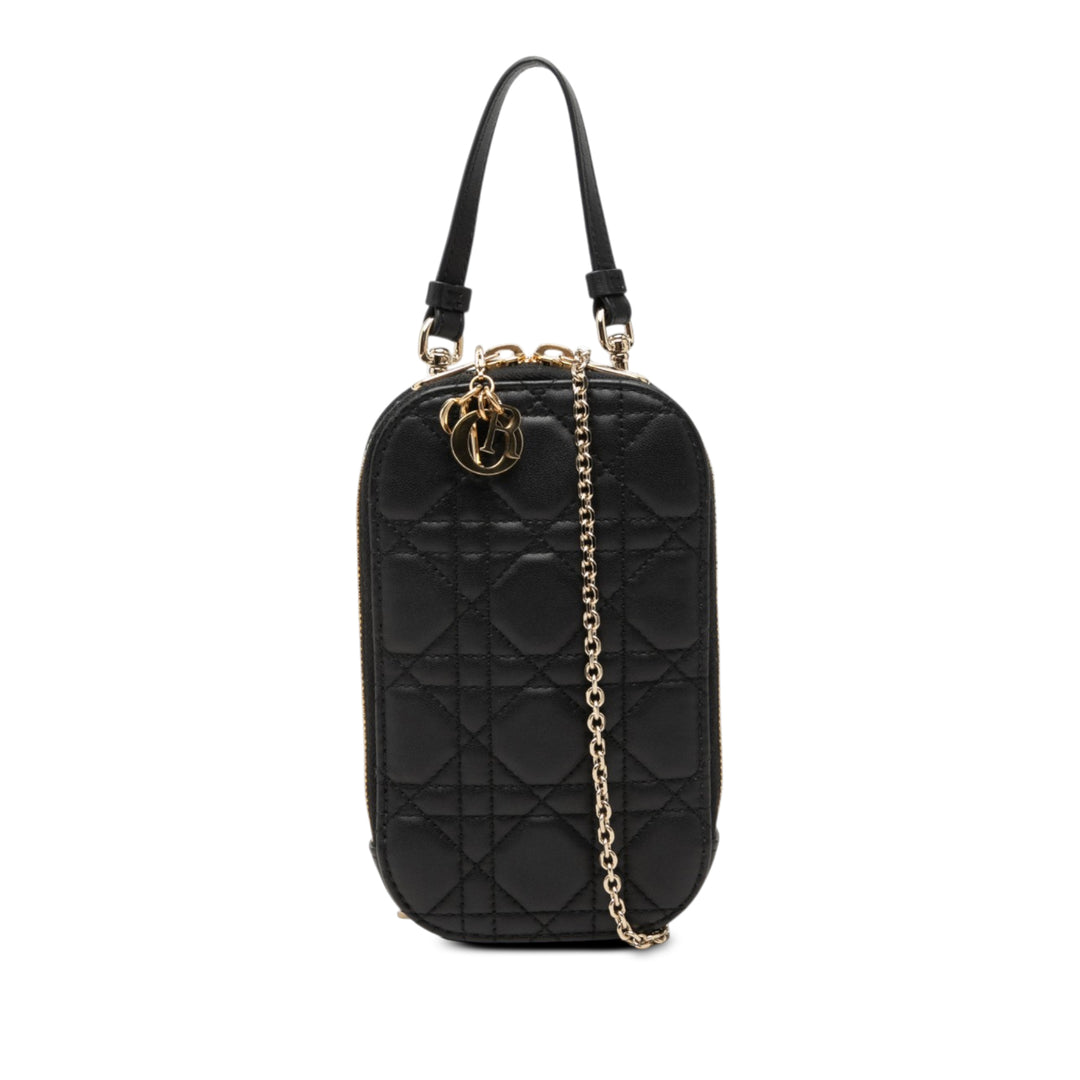 Cannage Lady Dior Call In Étui téléphone Cuir d'agneau Noir