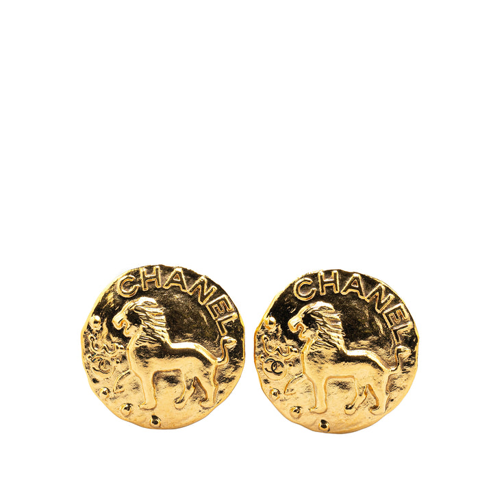 Gold Plated Lion Round Clip on Earrings Gold - Gaby Paris