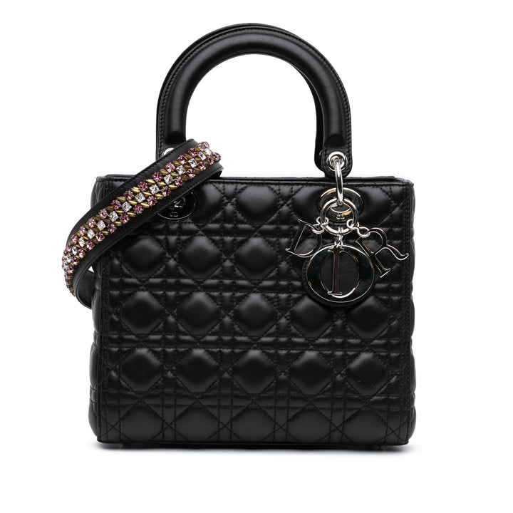 Medium Lambskin Cannage Crystal Strap Lady Dior Black - Gaby Paris