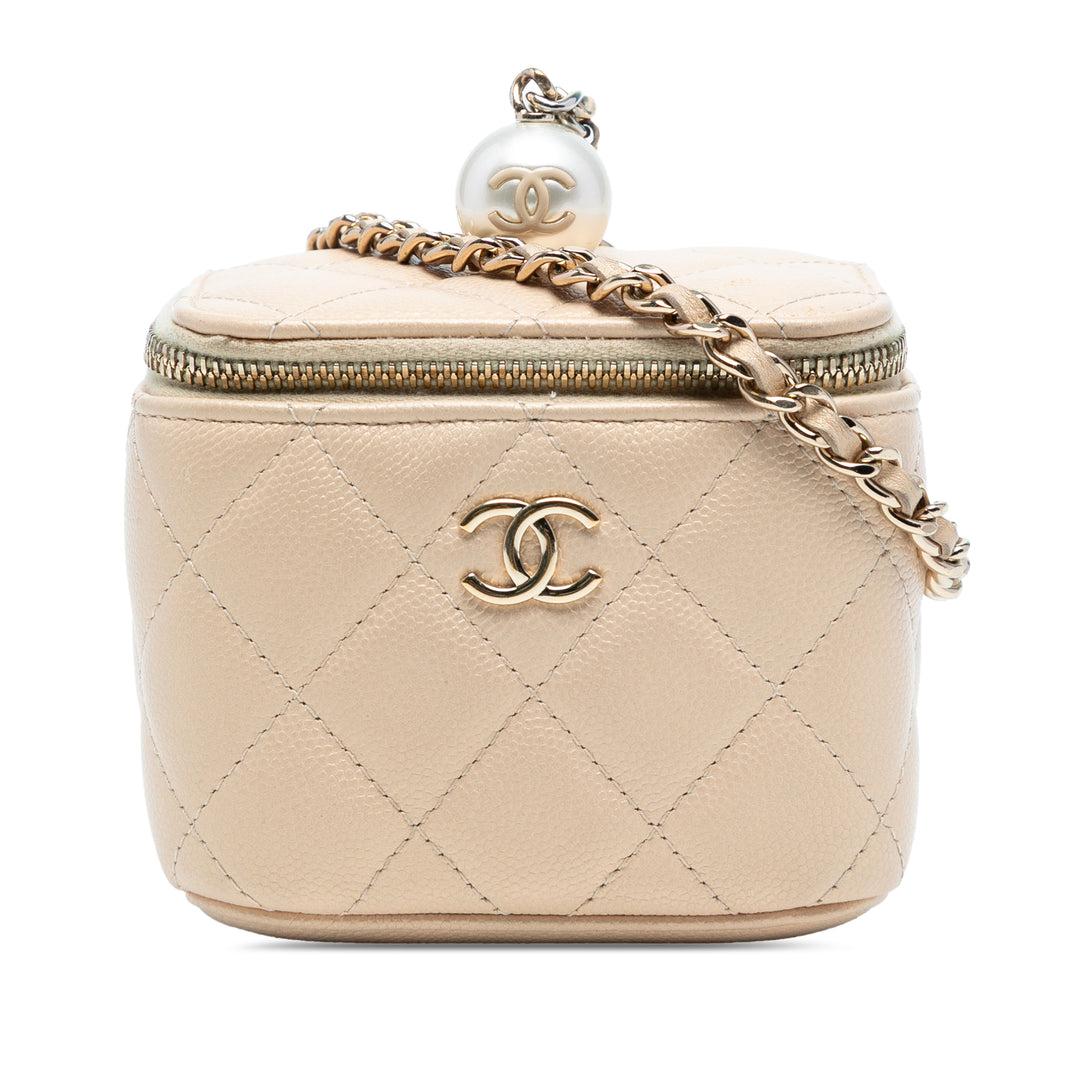 Chanel Matelassé Irisé Perle On Top Vanity avec chaîne Mini Cuir caviar Marron – vue principale – GABY PARIS