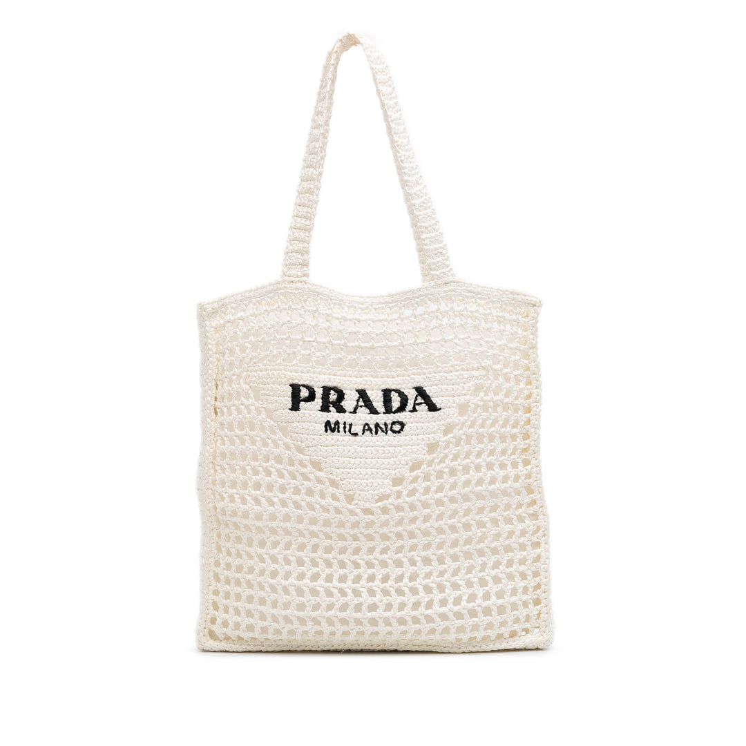 Raffia Effect Crochet Logo Embroidered Tote White - Gaby Paris