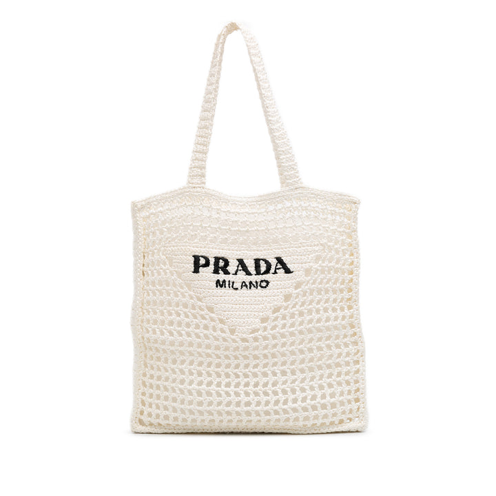 Raffia Effect Crochet Logo Embroidered Tote White - Gaby Paris