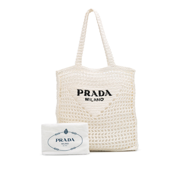 Raffia Effect Crochet Logo Embroidered Tote White - Gaby Paris