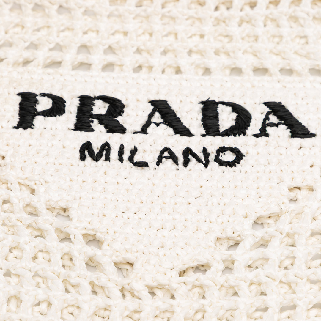 Raffia Effect Crochet Logo Embroidered Tote White - Gaby Paris
