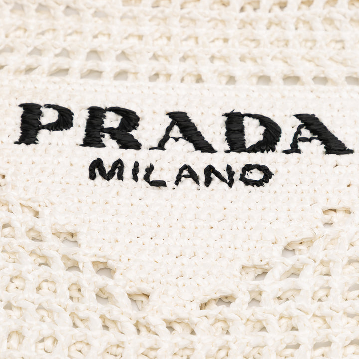 Raffia Effect Crochet Logo Embroidered Tote White - Gaby Paris