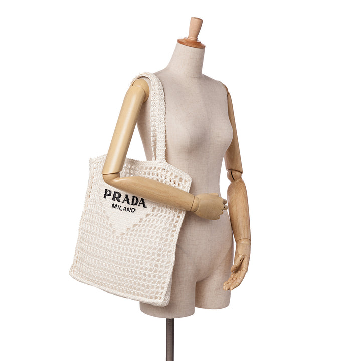 Raffia Effect Crochet Logo Embroidered Tote White - Gaby Paris