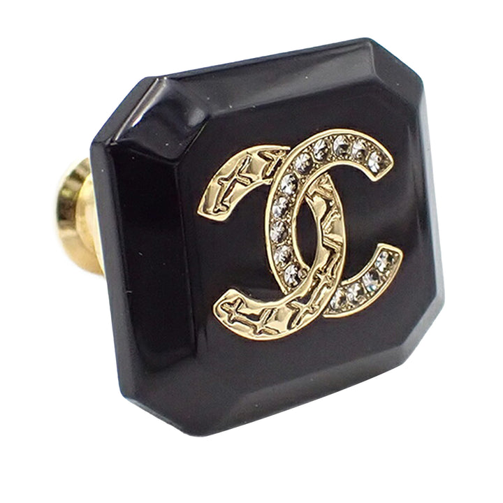 Chanel Resin Doré Plated CC Rhinestone Broche Noir