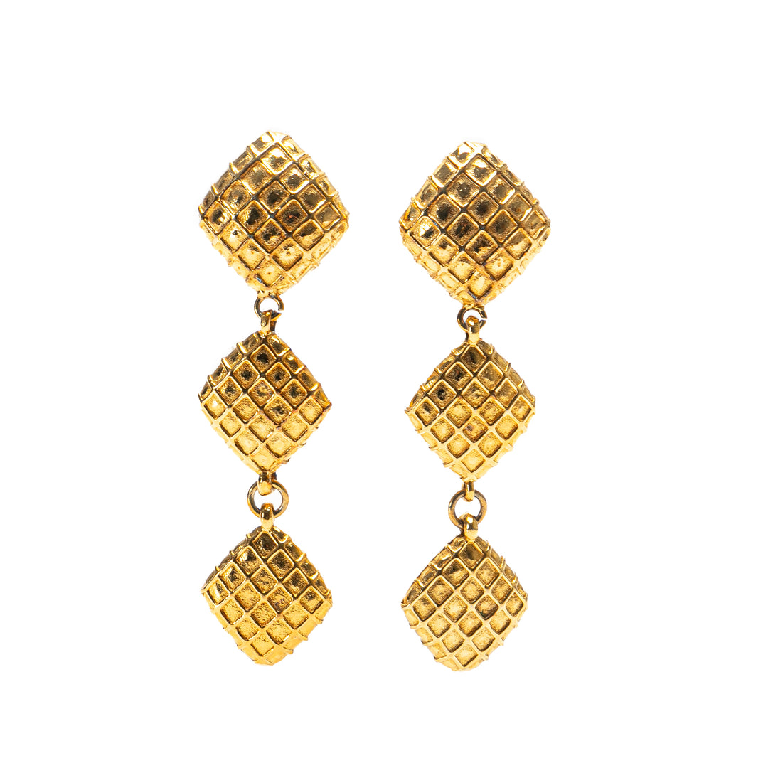 Gold Plated Quilted Diamond Dangle Clip on Earrings Gold - Gaby Paris