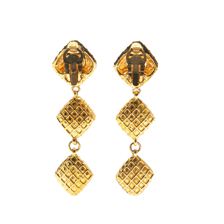 Gold Plated Quilted Diamond Dangle Clip on Earrings Gold - Gaby Paris