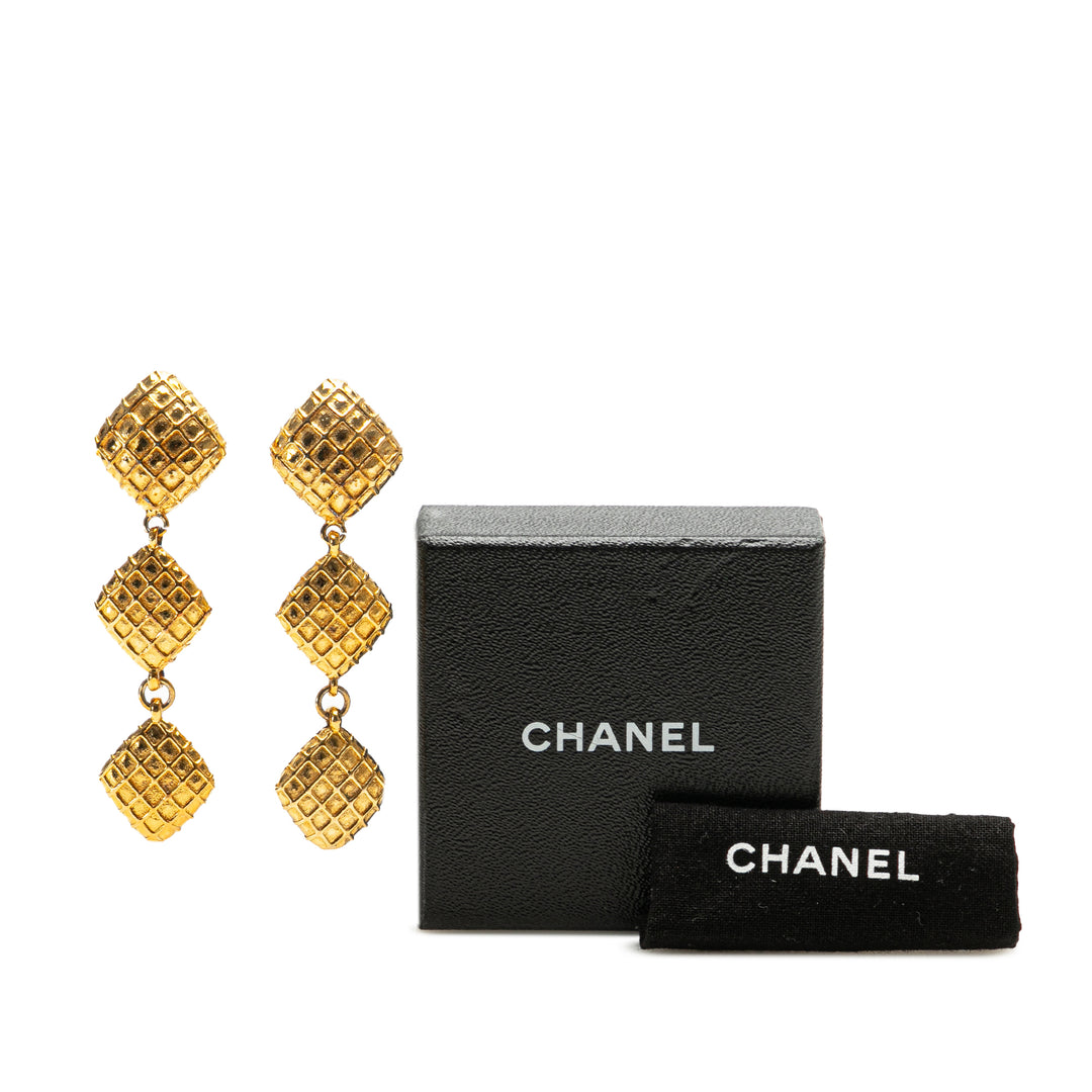 Gold Plated Quilted Diamond Dangle Clip on Earrings Gold - Gaby Paris