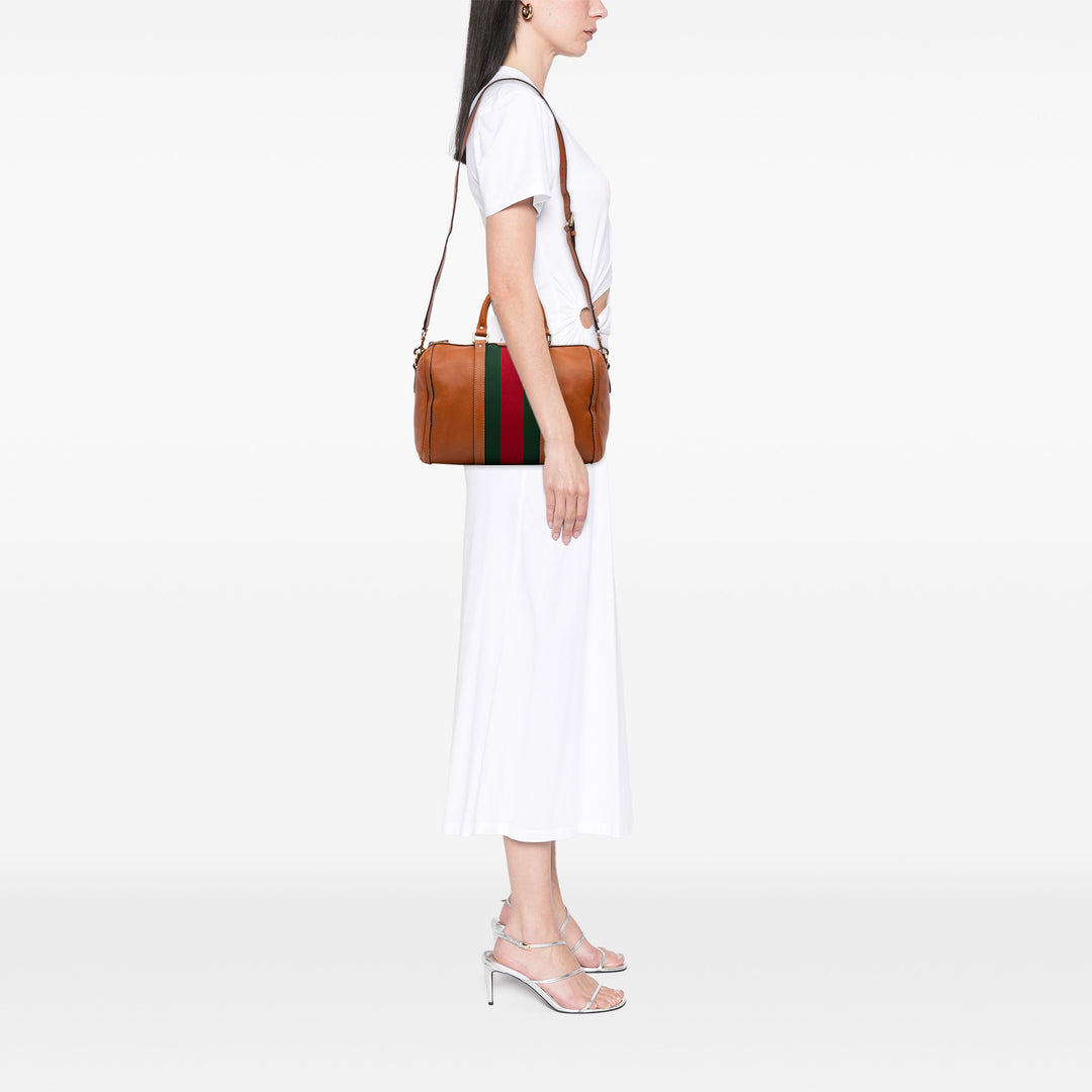 Medium Calfskin Web Joy Boston Bag Brown - Gaby Paris