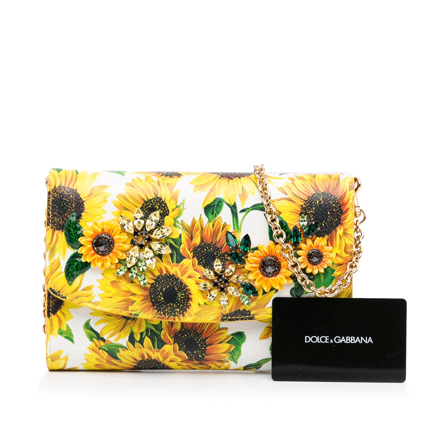 Sunflower Printed Leather Wallet on Chain Yellow - Gaby Paris