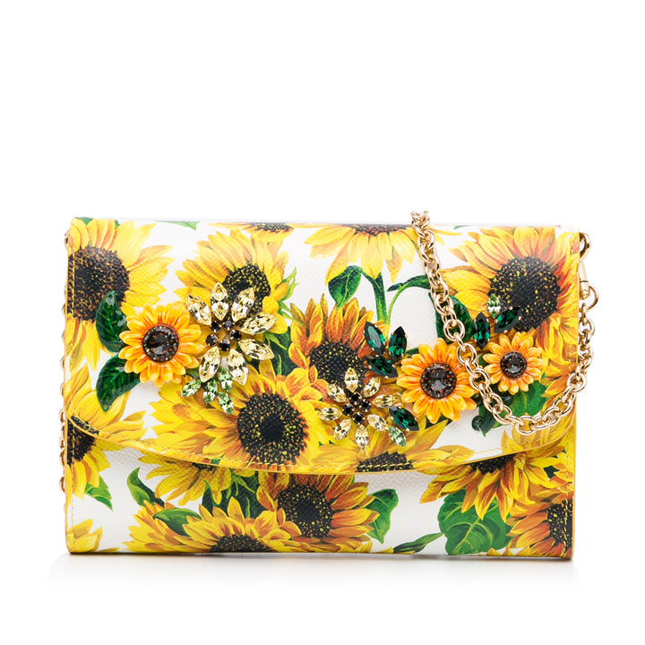 Sunflower Printed Leather Wallet on Chain Yellow - Gaby Paris