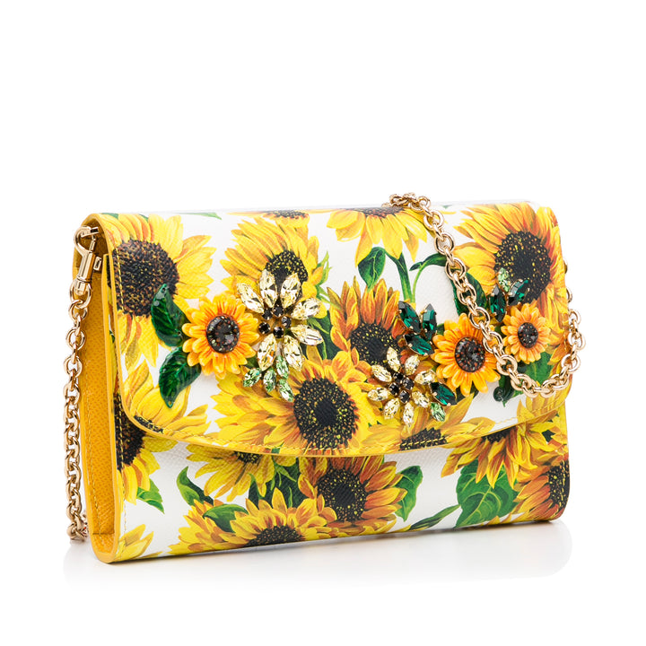 Sunflower Printed Leather Wallet on Chain Yellow - Gaby Paris