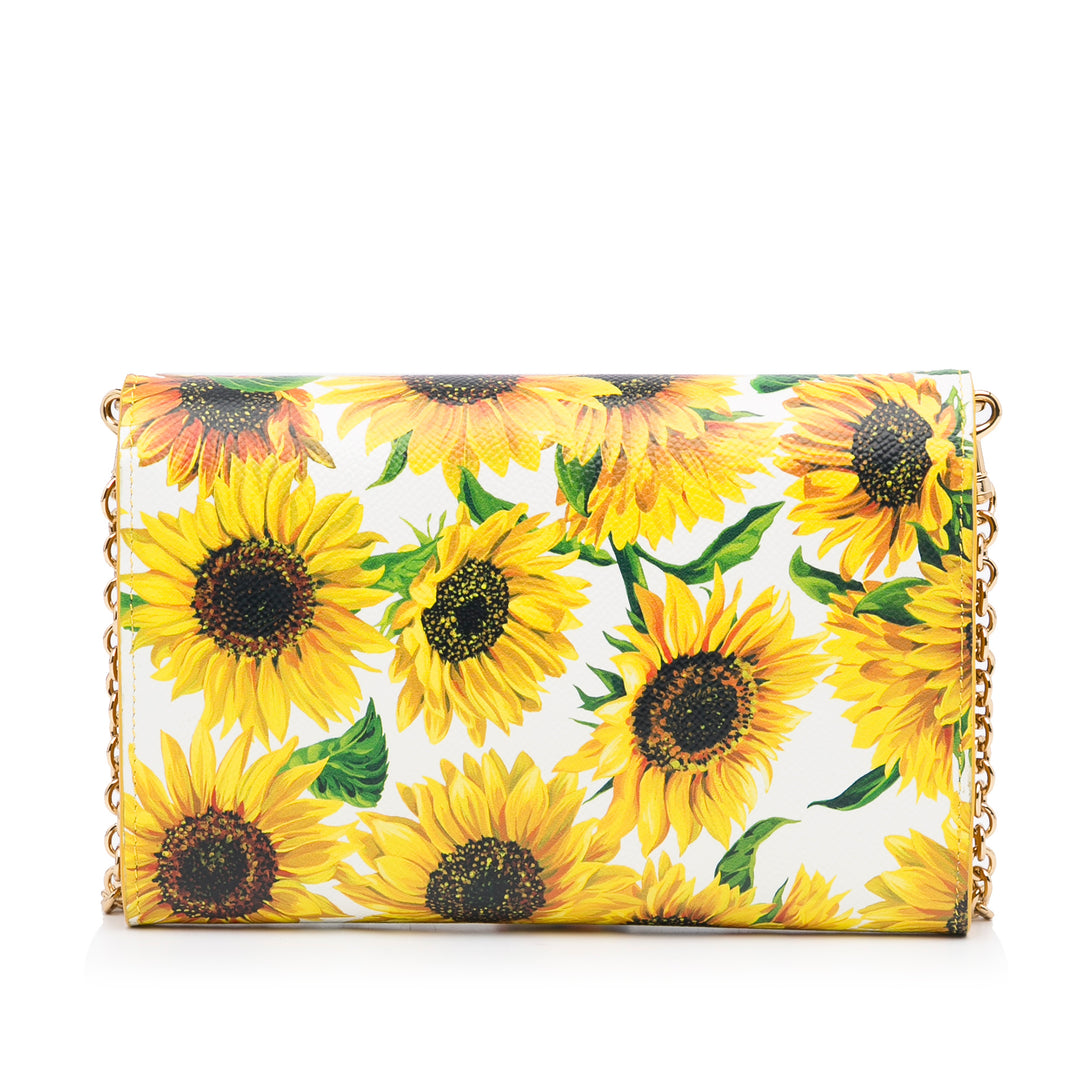 Sunflower Printed Leather Wallet on Chain Yellow - Gaby Paris