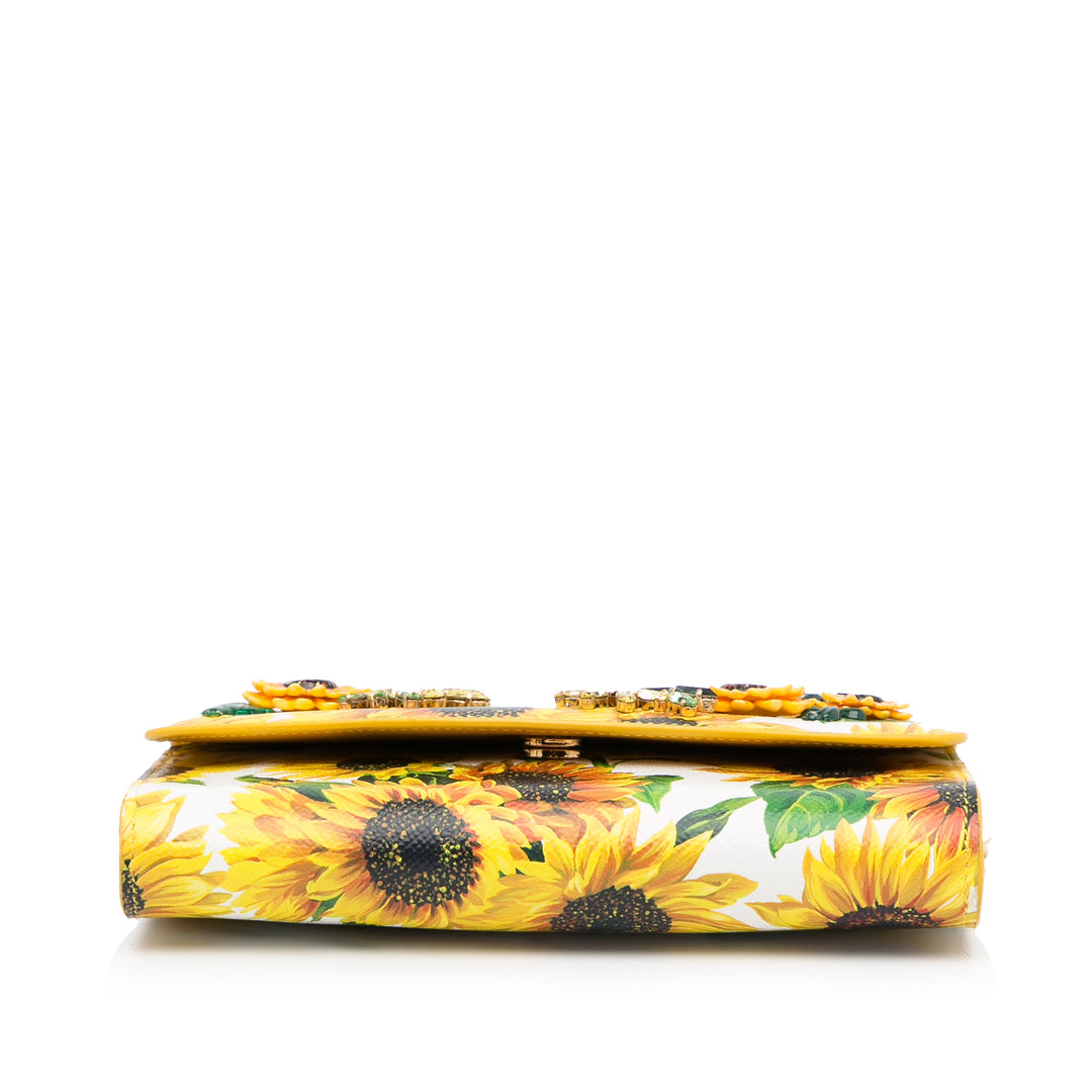 Sunflower Printed Leather Wallet on Chain Yellow - Gaby Paris