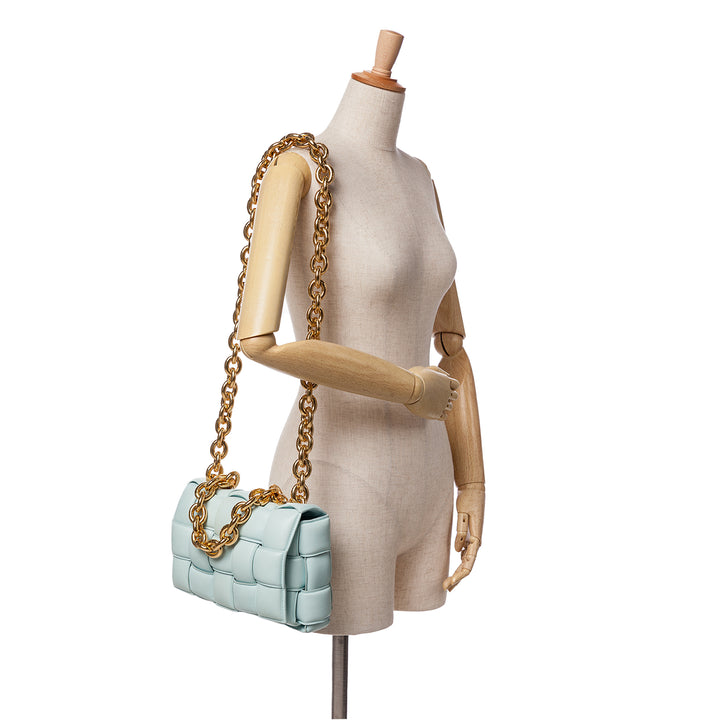 Nappa Intrecciato Padded Chain Cassette Satchel Blue - Gaby Paris
