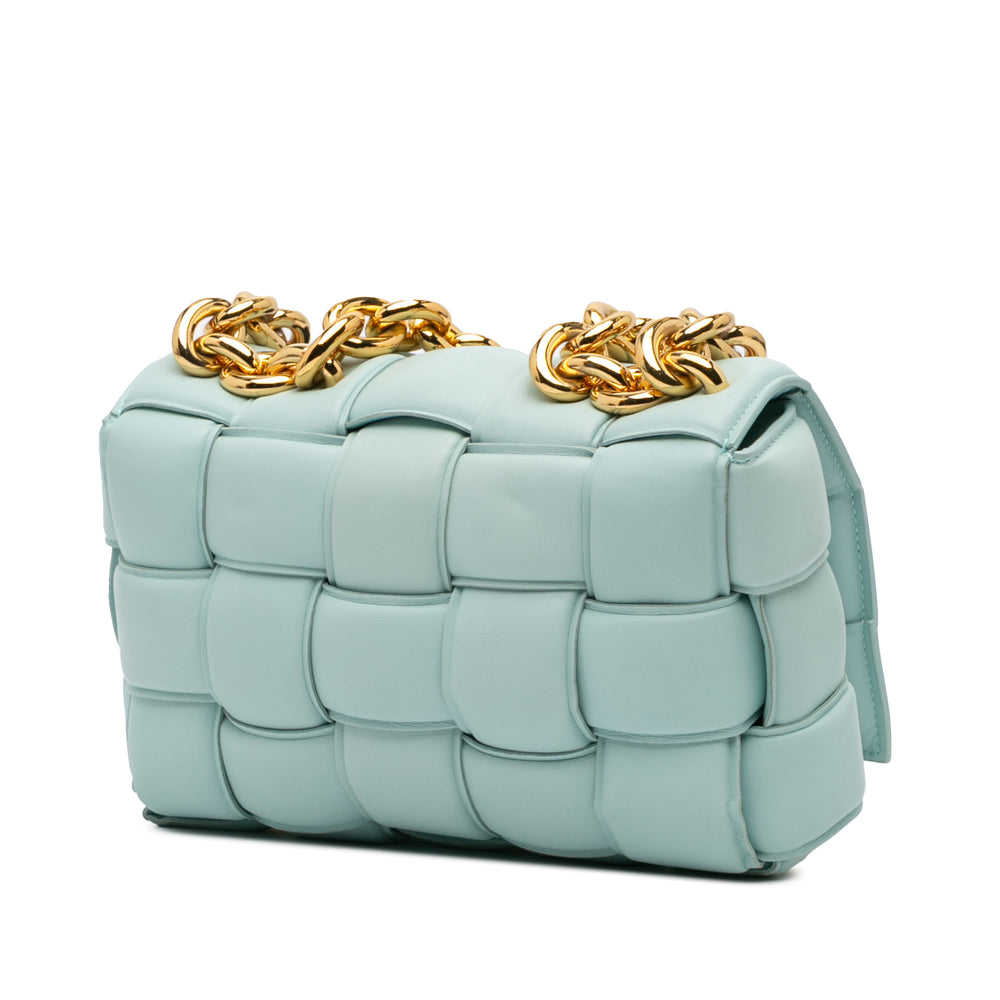 Nappa Intrecciato Padded Chain Cassette Satchel Blue - Gaby Paris