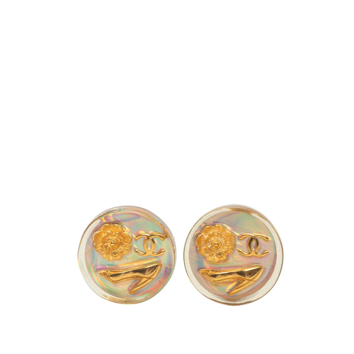 Chanel CC plaqué Resin Camellia Button Clip On Boucles d’oreilles