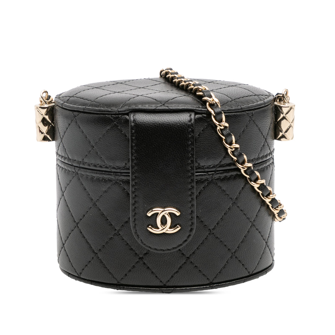 Chanel Mini Quilted Cuir d’agneau Round Vanity Case with Chain Noir – GABY PARIS Authentique