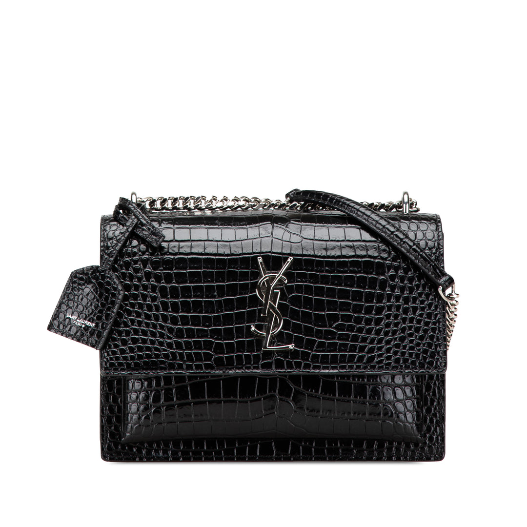 Medium Croc Embossed Leather Sunset Crossbody Black - Gaby Paris
