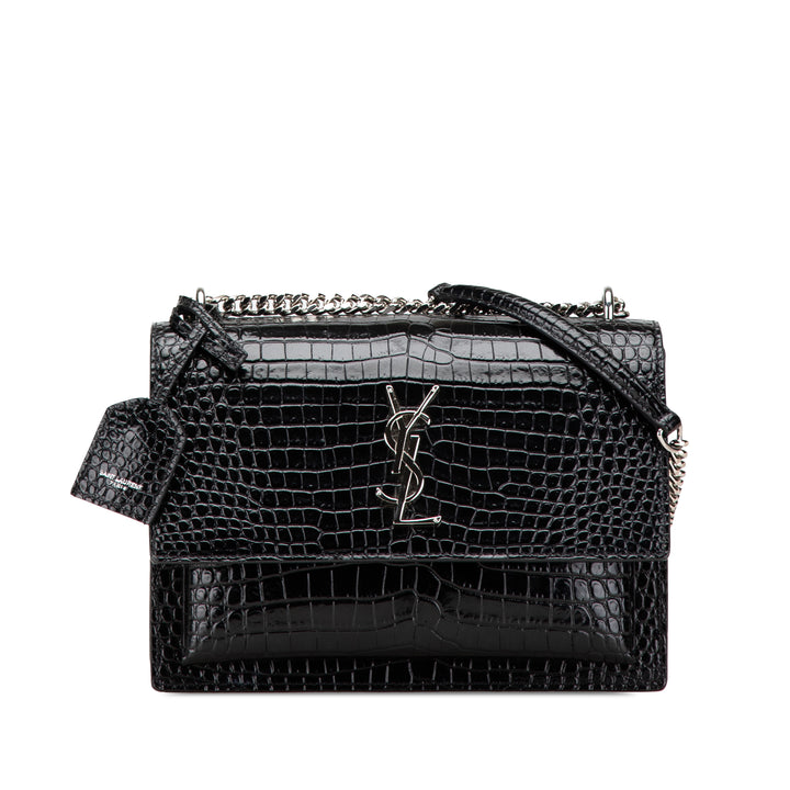 Medium Croc Embossed Leather Sunset Crossbody Black - Gaby Paris