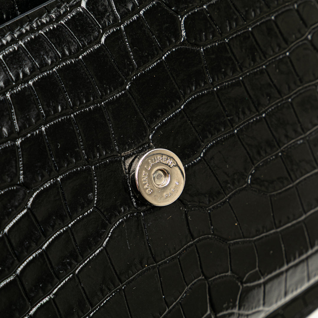 Medium Croc Embossed Leather Sunset Crossbody Black - Gaby Paris