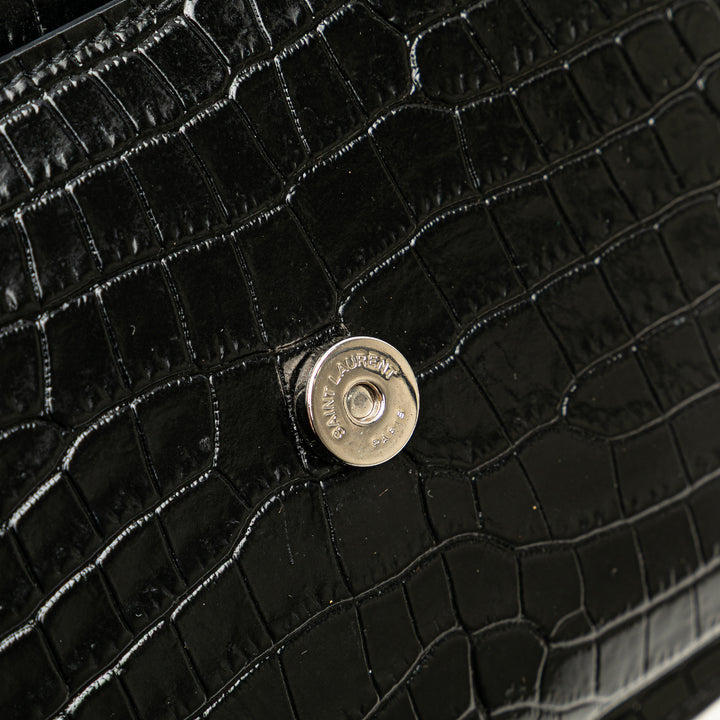 Medium Croc Embossed Leather Sunset Crossbody Black - Gaby Paris