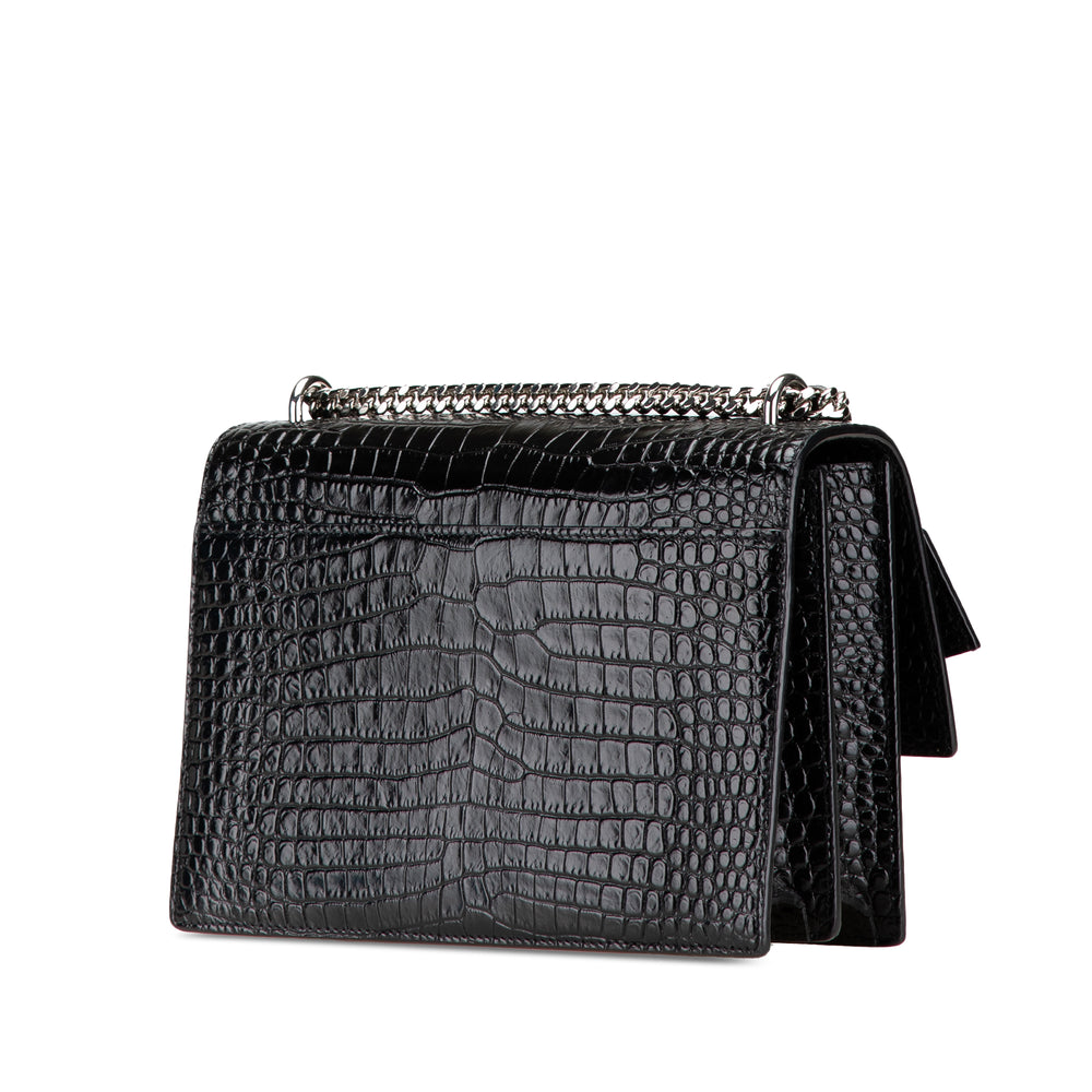 Medium Croc Embossed Leather Sunset Crossbody Black - Gaby Paris