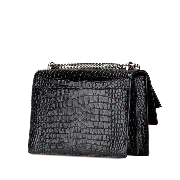 Medium Croc Embossed Leather Sunset Crossbody Black - Gaby Paris