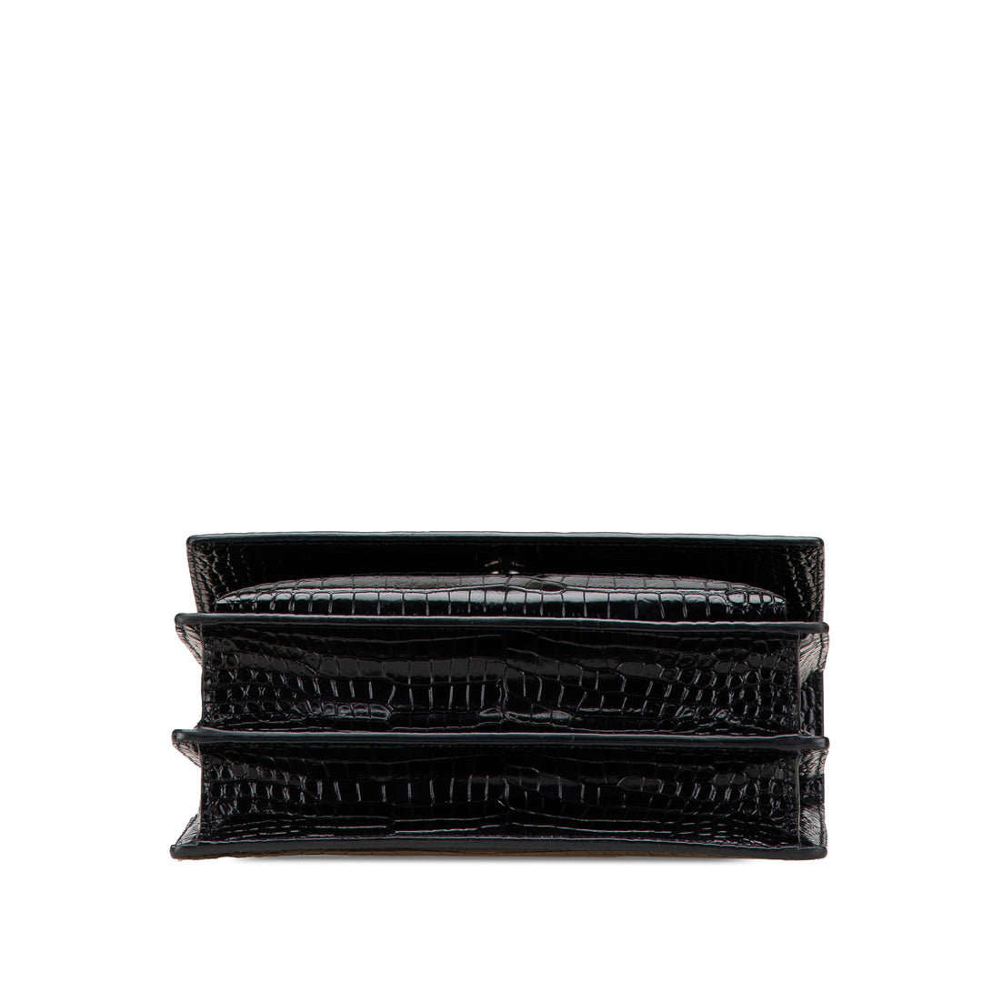 Medium Croc Embossed Leather Sunset Crossbody Black - Gaby Paris