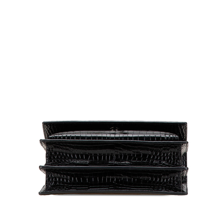 Medium Croc Embossed Leather Sunset Crossbody Black - Gaby Paris