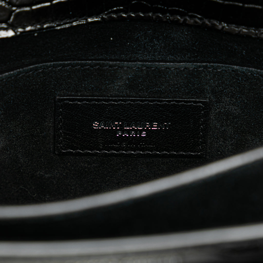 Medium Croc Embossed Leather Sunset Crossbody Black - Gaby Paris